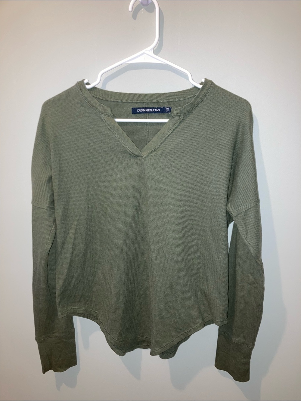 Calvin Klein Jeans Olive Green Waffle Knit Thermal Long Sleeve V-Neck Top